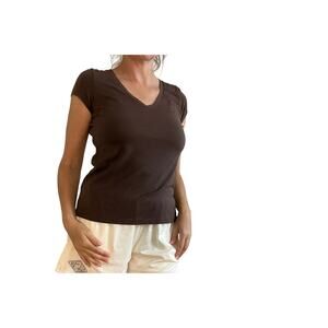 Tahari Stretch Jersey V-Neck T-Shirt – Cocoa Brown – Small